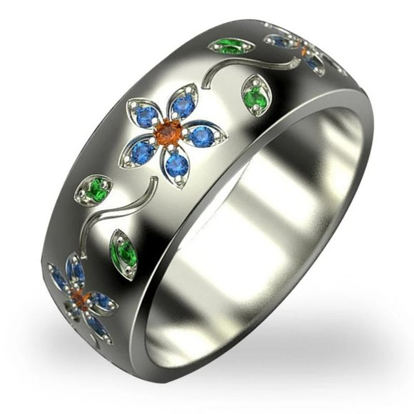 Colorful Small Flower Vine Silver Ring - Picture 2 of 7